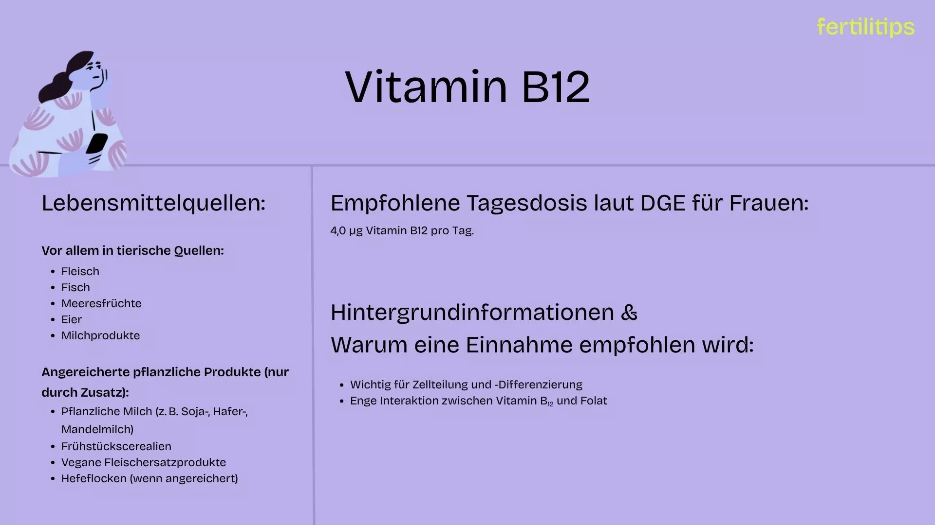 Eine Tabelle, die Vitamin B12-haltige Lebensmittel auflistet