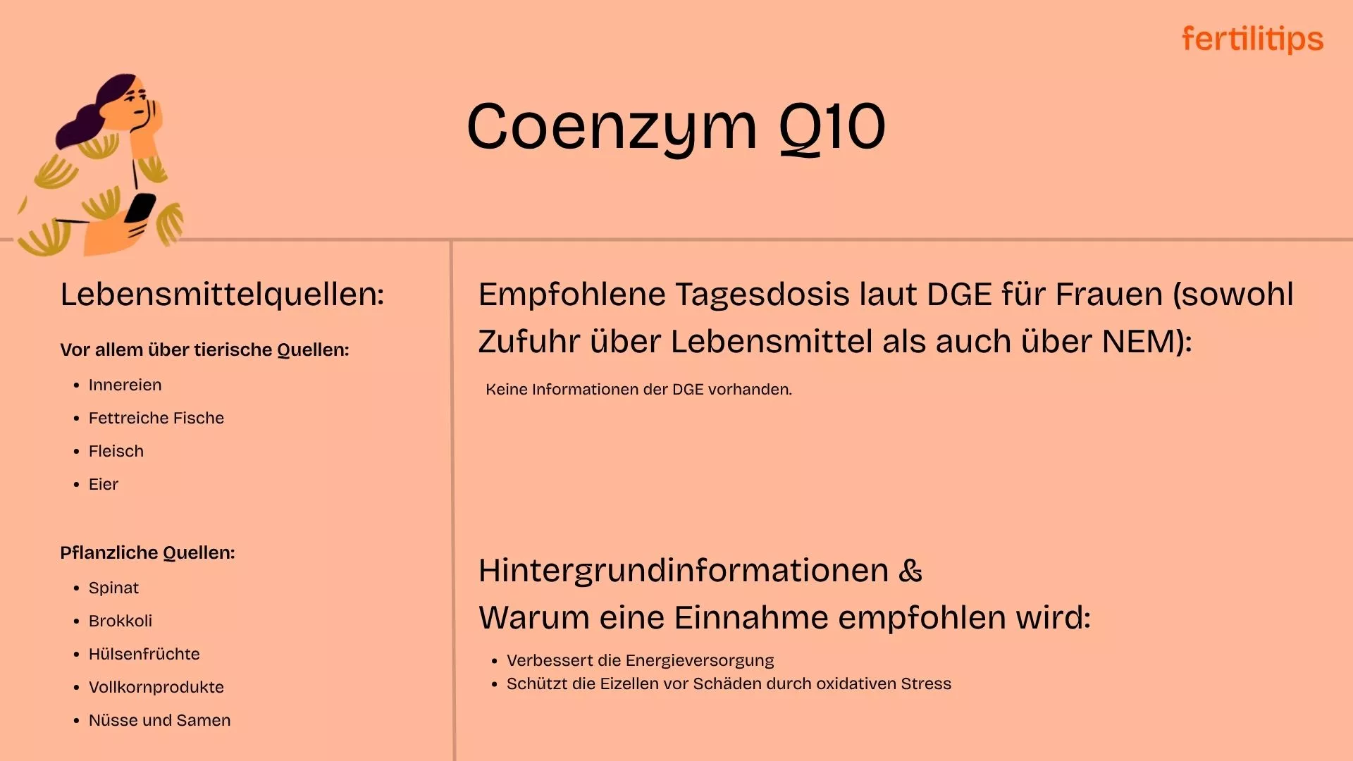 Eine Tabelle, die Coenzym Q10-haltige Lebensmittel auflistet