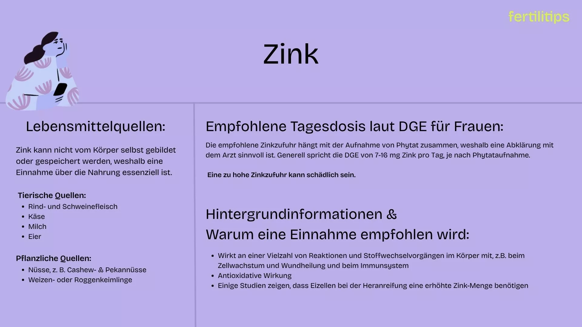Eine Tabelle, die zinkhaltige Lebensmittel auflistet