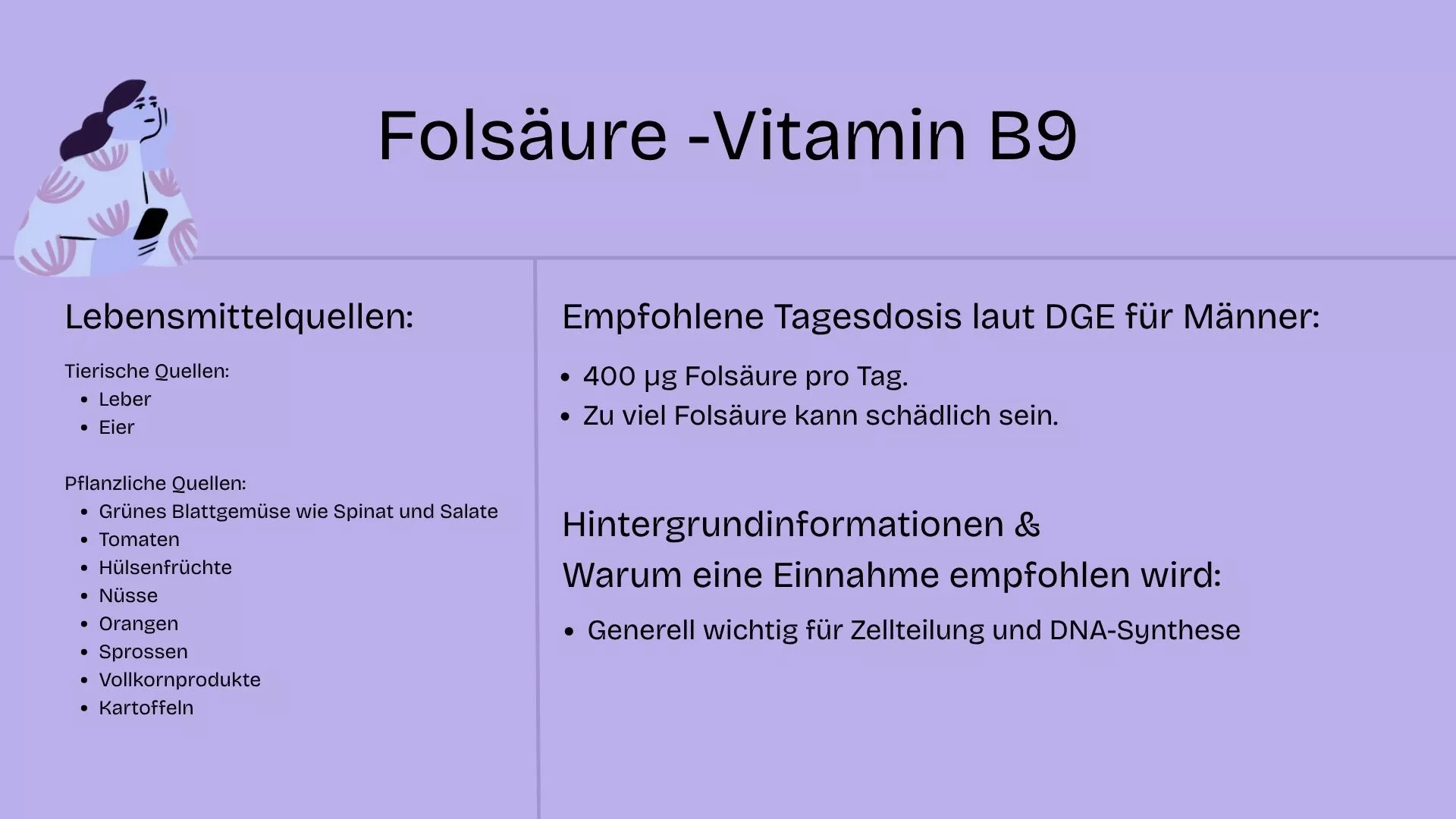 Eine Tabelle, die Folsäure-haltige Lebensmittel auflistet