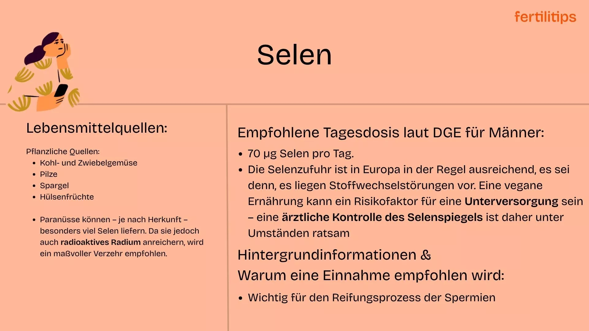 Eine Tabelle, die Selen-haltige Lebensmittel auflistet