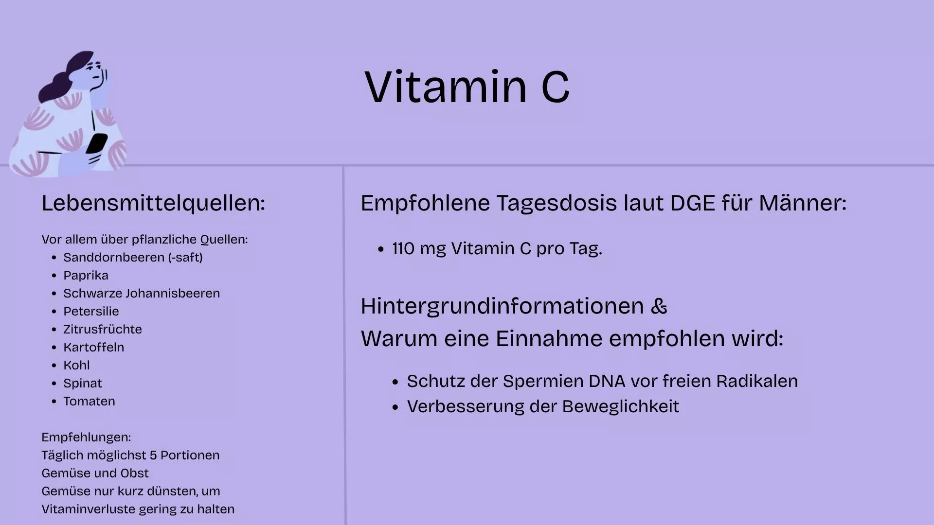 Eine Tabelle, die Vitamin C-haltige Lebensmittel vorstellt