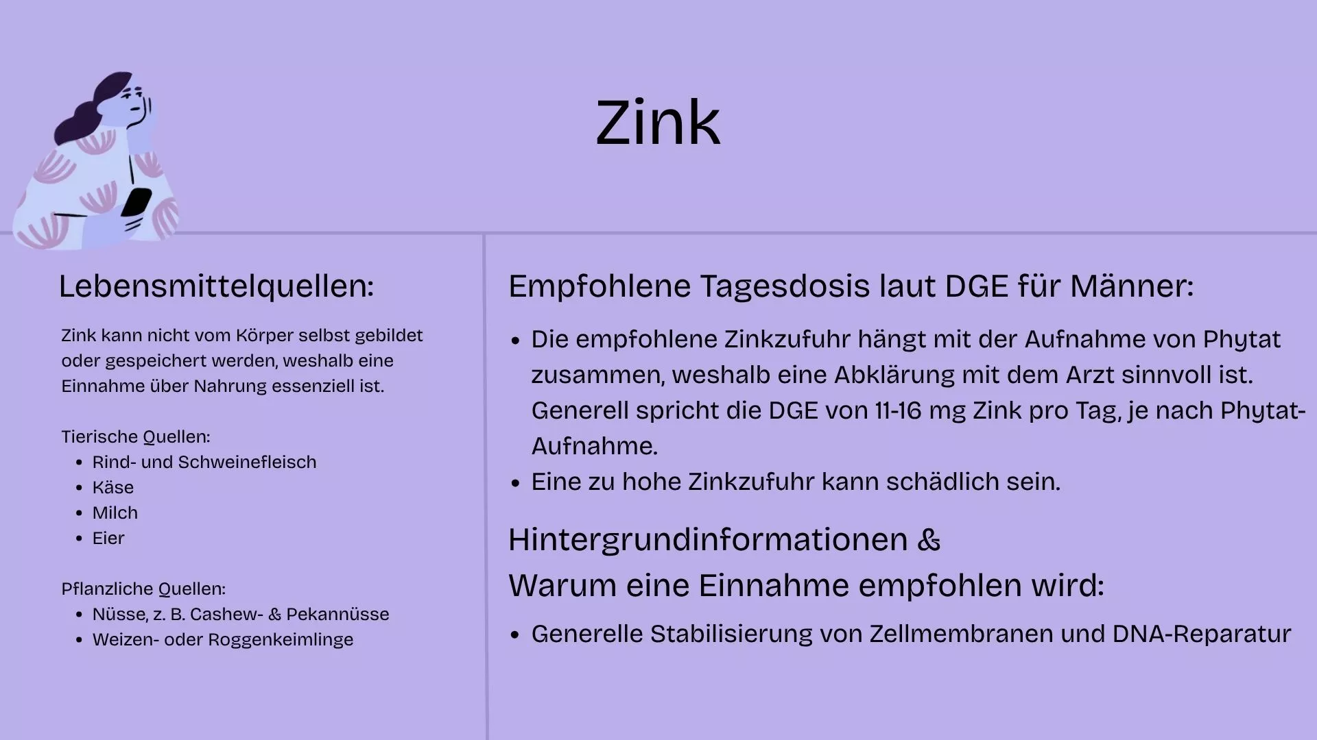 Eine Tabelle, die zink-haltige Lebensmittel auflistet