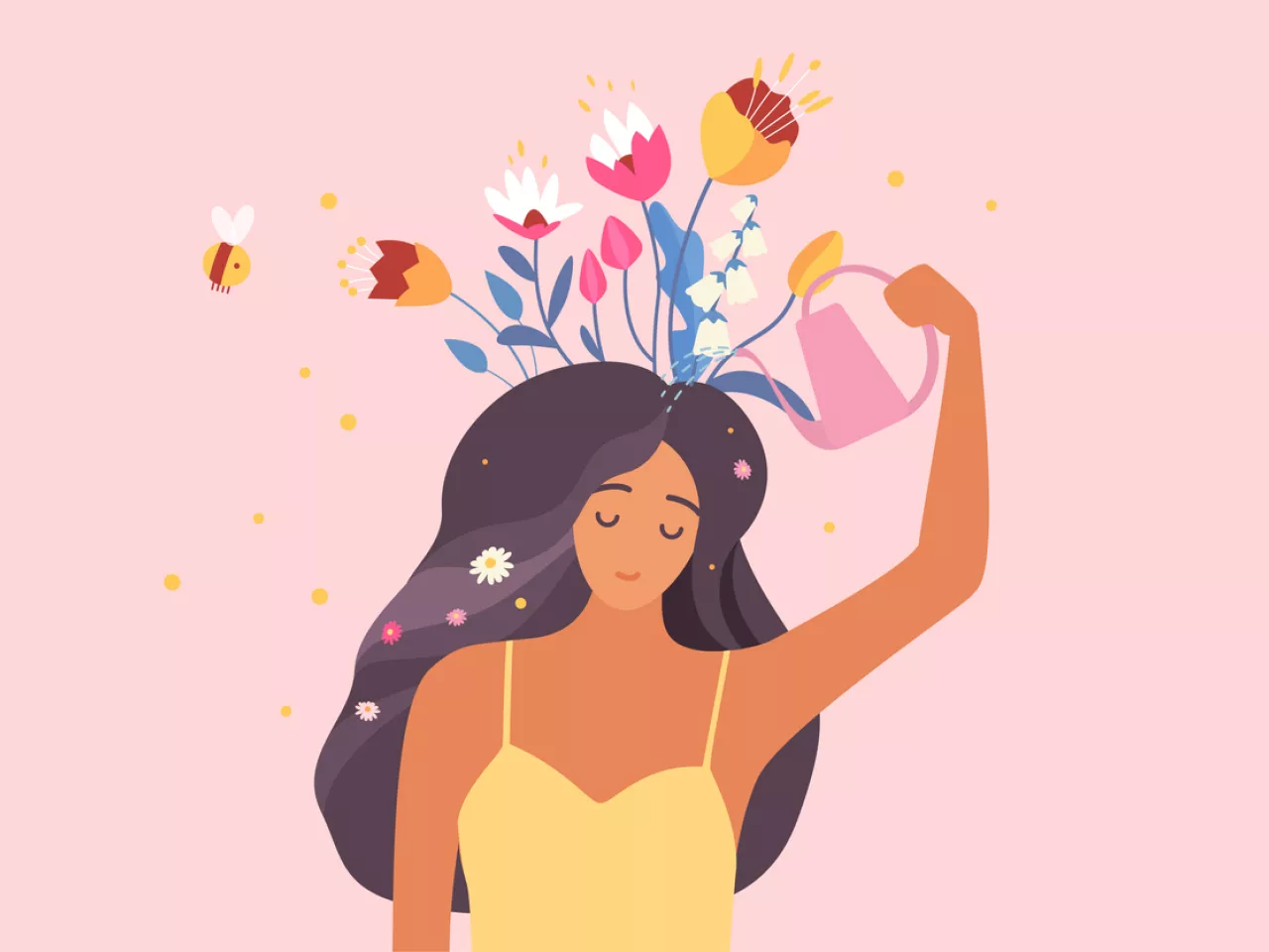 Frau die mit einer Gießkanne Blumen die auf ihrem Kopf wachsen, gießt